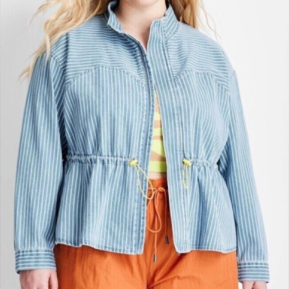 Future Collective Peplum Denim Jean Jacket | XXL | Striped Blue Yellow Cinch - Picture 1 of 5